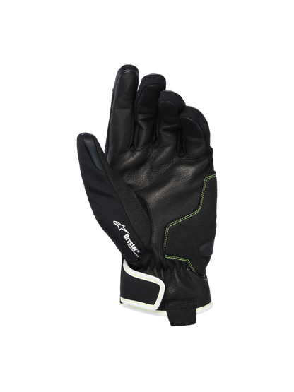 Alpinestars Moblast Waterproof Gloves, palm view showing black goat leather with Sulphur Yellow stitching, Drystar® logo detail, short-cuff motorcycle gloves designed for all-weather urban commuting