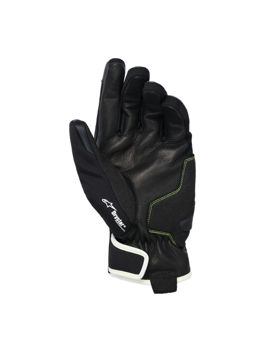 Alpinestars Moblast Waterproof Gloves, palm view showing black goat leather with Sulphur Yellow stitching, Drystar® logo detail, short-cuff motorcycle gloves designed for all-weather urban commuting