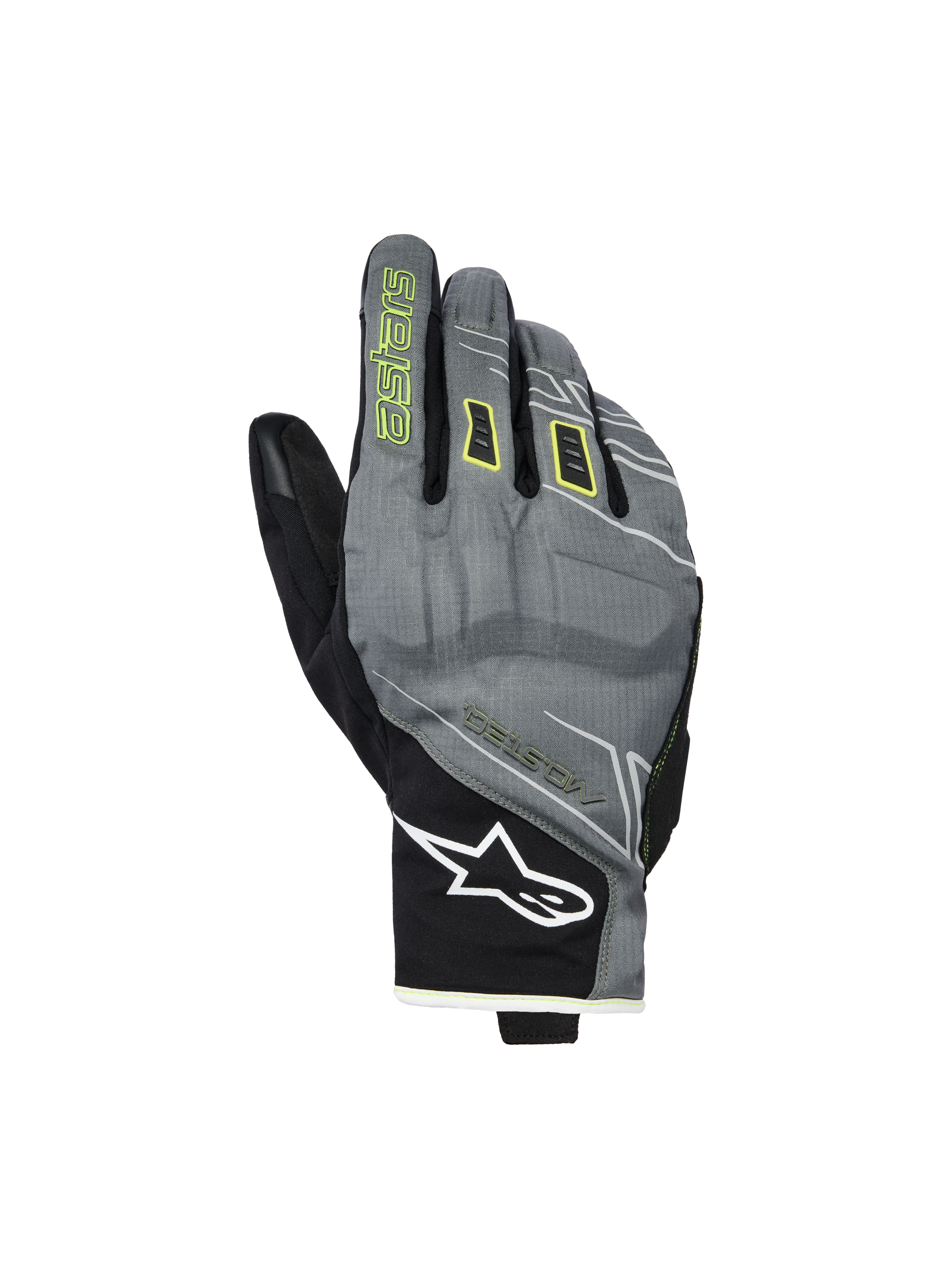 Alpinestars Moblast Waterproof Gloves, Motorcycle Gloves, Fur Gray and Black with Sulphur Yellow accents, short-cuff urban design, white Astar logo on the wrist, neon yellow branding on the index finger, waterproof Drystar performance for mid-season commuting.
