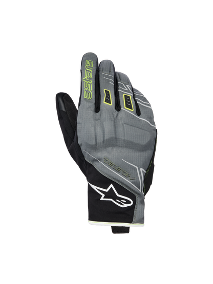 Alpinestars Moblast Waterproof Gloves, Motorcycle Gloves, Fur Gray and Black with Sulphur Yellow accents, short-cuff urban design, white Astar logo on the wrist, neon yellow branding on the index finger, waterproof Drystar performance for mid-season commuting.