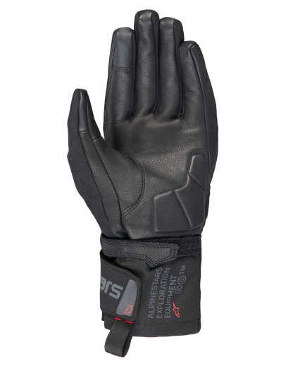 Alpinestars WT-3 Drystar® Insulated Gloves, Black motorcycle gloves, palm view showing leather reinforcement and padded palm, mid-length cuff with Alpinestars Exploration Equipment branding, touchscreen compatible fingertips, durable all-weather touring protection.
