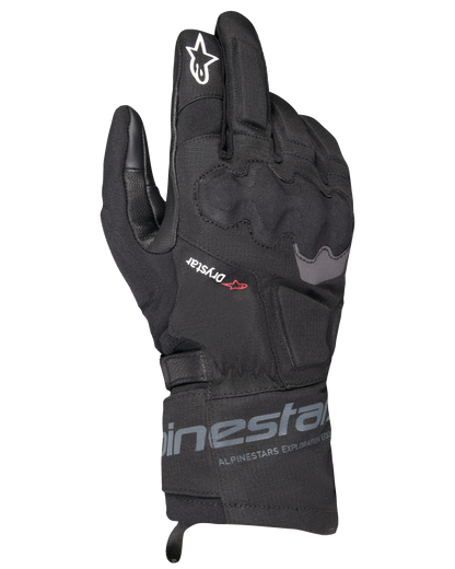 Alpinestars WT-3 Drystar Insulated Gloves, Black Motorcycle Touring Gloves, waterproof and insulated construction with molded knuckle protection, white star logo on the index finger, and mid-length cuff with Alpinestars branding.