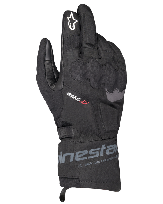 Alpinestars WT-3 Drystar Insulated Gloves, Black Motorcycle Touring Gloves, waterproof and insulated construction with molded knuckle protection, white star logo on the index finger, and mid-length cuff with Alpinestars branding.