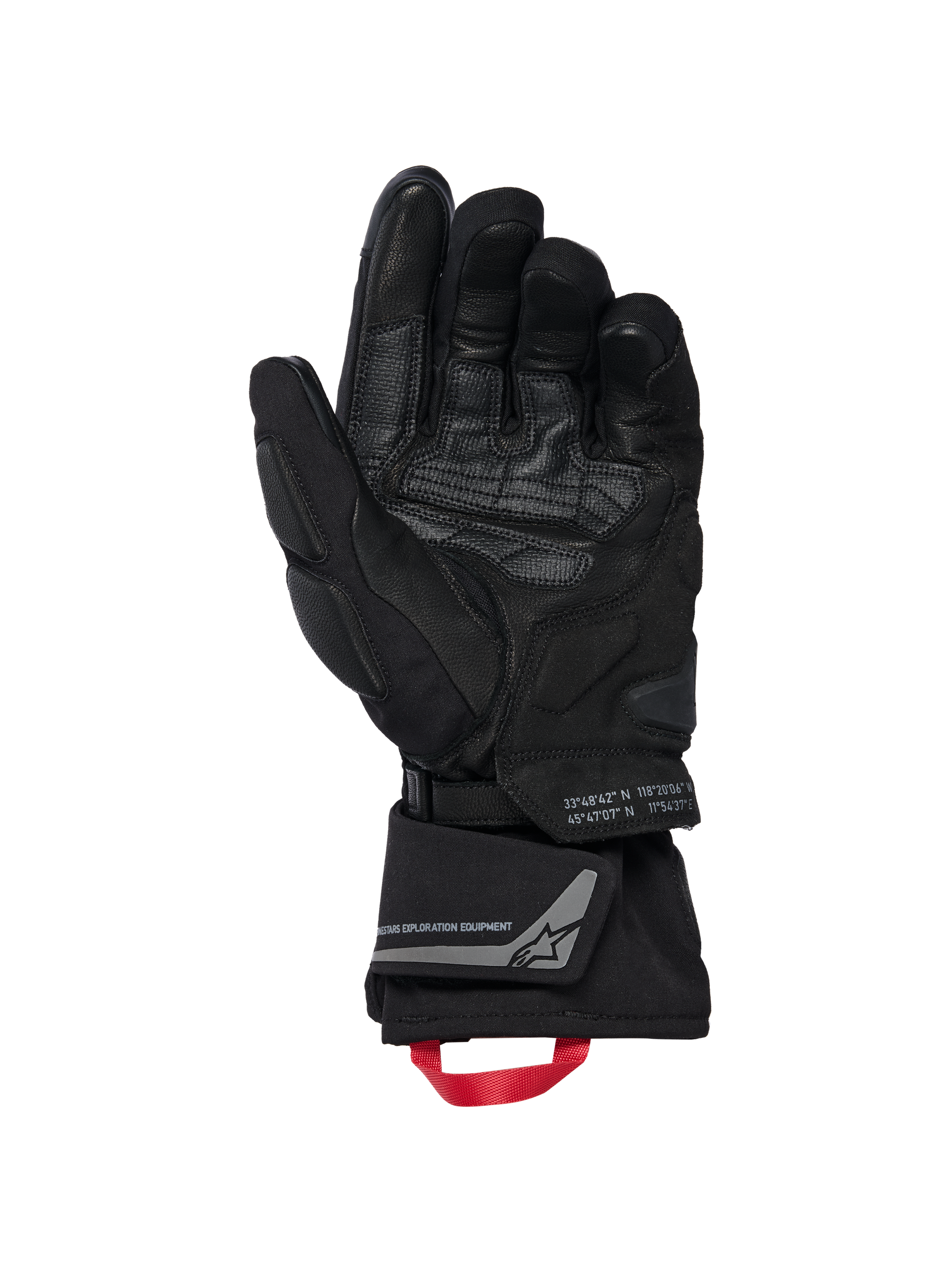 Alpinestars WT-8 GORE-TEX Insulated Gloves, Motorcycle Gloves, Black, inner palm view showing reinforced leather patches and padded sliders, long cuff with a red pull loop and Alpinestars Exploration Equipment branding with geographic coordinates, technical road and adventure design