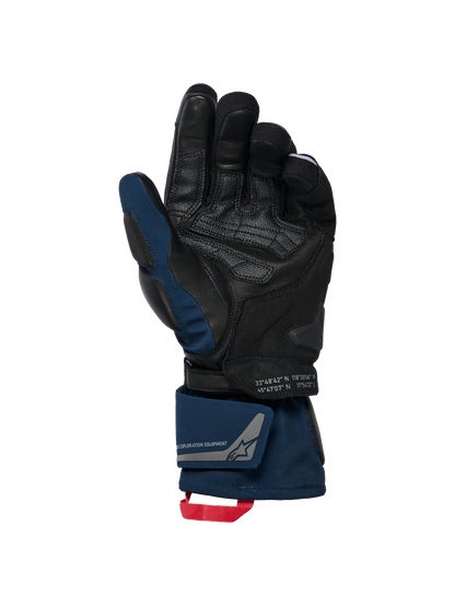 Alpinestars WT-8 GORE-TEX Insulated Gloves, Black and Dark Blue, palm view showing leather reinforcements and padded slider, long-cuff design with double wrist closure and red pull loop, featuring coordinates detailing and exploration equipment branding.