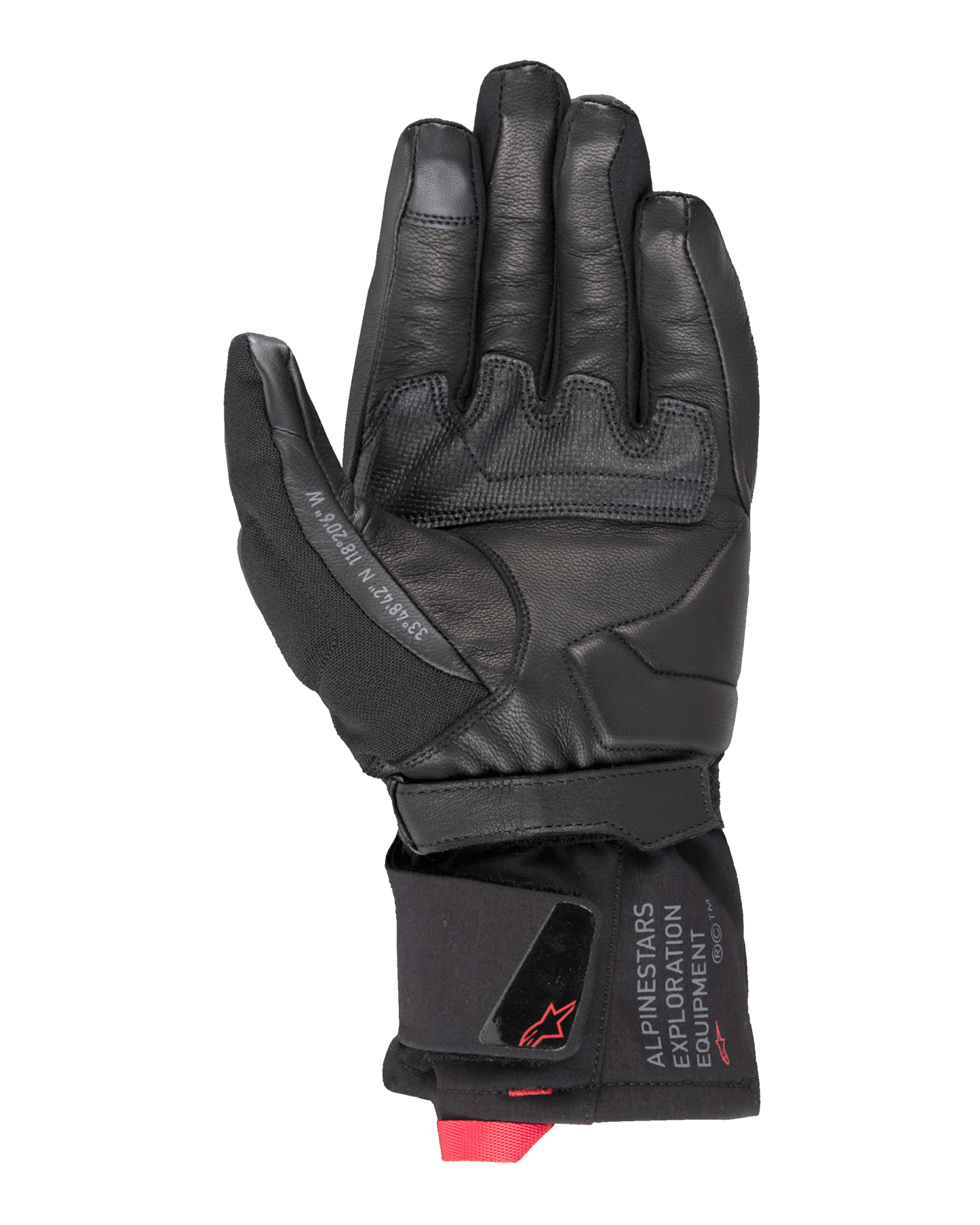 Alpinestars WT-4 GORE-TEX Insulated Glove, Motorcycle Glove, Black, palm view featuring leather construction with a rubber grip patch, mid-length cuff with Alpinestars Exploration Equipment branding and red logo accents