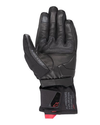 Alpinestars WT-4 GORE-TEX Insulated Glove, Motorcycle Glove, Black, palm view featuring leather construction with a rubber grip patch, mid-length cuff with Alpinestars Exploration Equipment branding and red logo accents