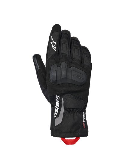 Alpinestars XT-3 Drystar® Insulated Gloves, Motorcycle Adventure Gloves, Black with white branding and red pull loop, featuring integrated knuckle protection, textile and suede construction, mid-length cuff.