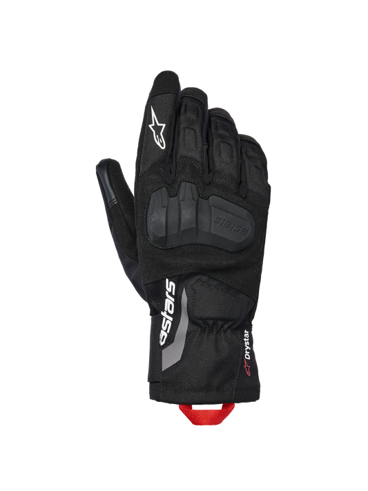 Alpinestars XT-3 Drystar® Insulated Gloves, Motorcycle Adventure Gloves, Black with white branding and red pull loop, featuring integrated knuckle protection, textile and suede construction, mid-length cuff.