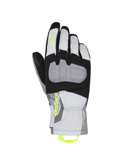 Alpinestars XT-3 Drystar Insulated Gloves, Motorcycle Touring Gloves, Black Gray and White, featuring a large gray protective knuckle plate, neon yellow Astars branding and pull loop, waterproof textile construction with mid-length cuff.