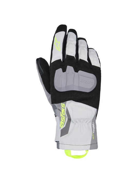 Alpinestars XT-3 Drystar Insulated Gloves, Motorcycle Touring Gloves, Black Gray and White, featuring a large gray protective knuckle plate, neon yellow Astars branding and pull loop, waterproof textile construction with mid-length cuff.