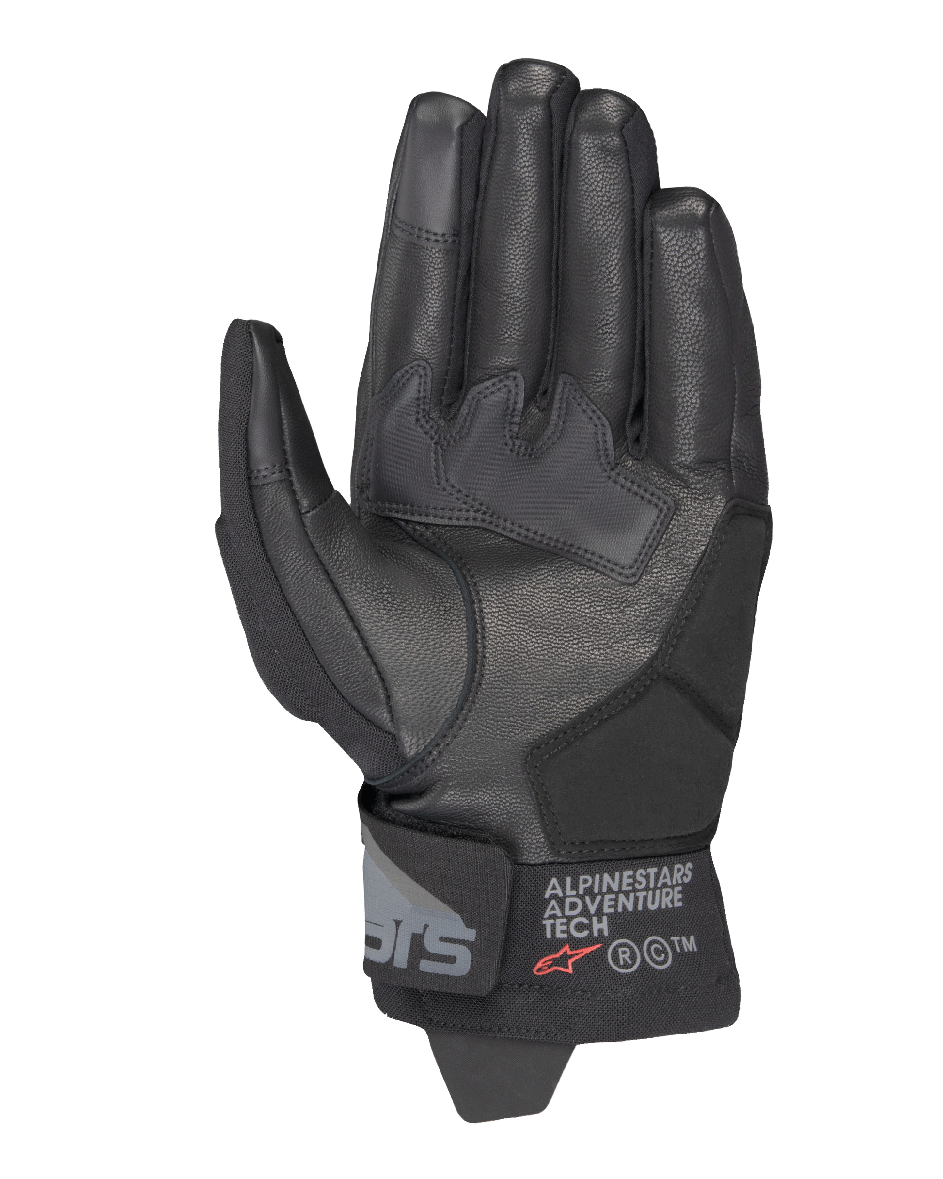 Alpinestars Corozal V3 Drystar® Gloves, Black, Palm side view showing leather construction with reinforced patches, short cuff with Alpinestars Adventure Tech branding, touchscreen-compatible fingertips, durable all-weather adventure motorcycle gear.
