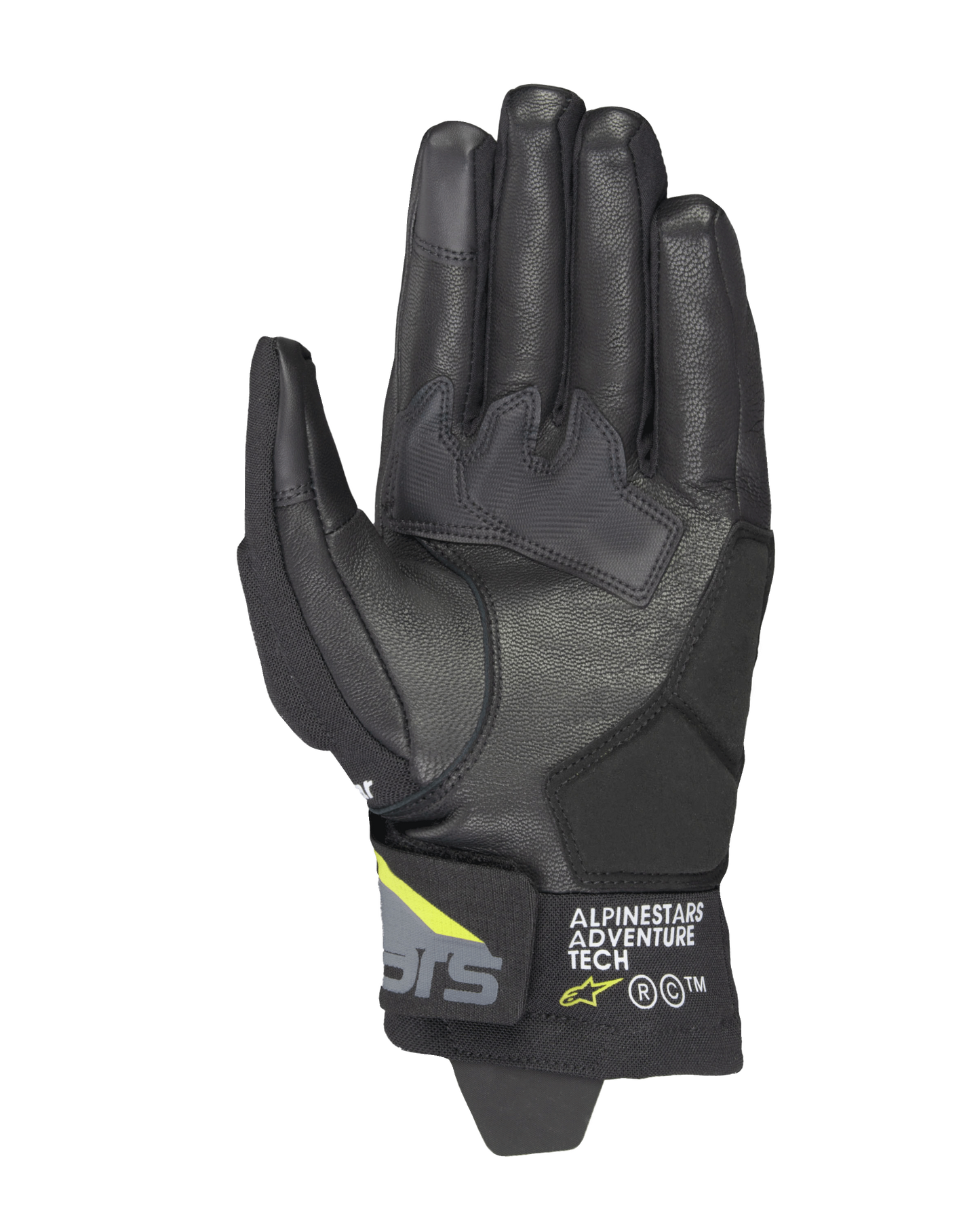 Alpinestars Corozal V3 Drystar® Gloves, Black Deep Gray and Yellow Fluo, palm view featuring leather construction with synthetic reinforcements, touchscreen-compatible fingertips, and Alpinestars Adventure Tech branding on the short cuff.