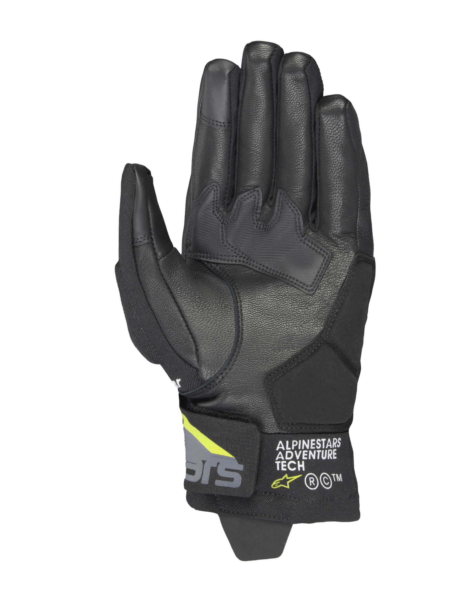 Alpinestars Corozal V3 Drystar® Gloves, Black Deep Gray and Yellow Fluo, palm view featuring leather construction with synthetic reinforcements, touchscreen-compatible fingertips, and Alpinestars Adventure Tech branding on the short cuff.