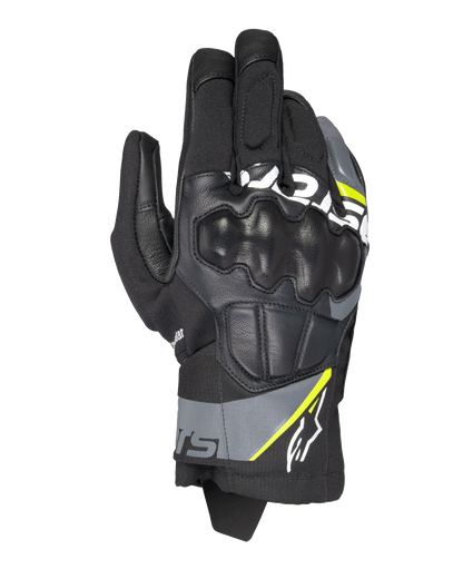 Alpinestars Corozal V3 Drystar® Gloves, Adventure Motorcycle Gloves, Black with Deep Gray and Yellow Fluo accents, leather and textile construction with molded knuckle protection, short cuff design, waterproof and breathable for all-weather riding