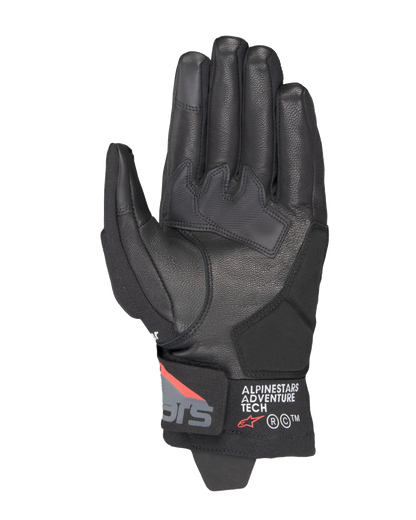 Alpinestars Corozal V3 Drystar® Gloves, Black Deep Gray Red Fluo, palm view featuring leather construction, synthetic palm reinforcements, and short cuff with Alpinestars Adventure Tech branding