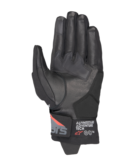 Alpinestars Corozal V3 Drystar® Gloves, Black Deep Gray Red Fluo, palm view featuring leather construction, synthetic palm reinforcements, and short cuff with Alpinestars Adventure Tech branding