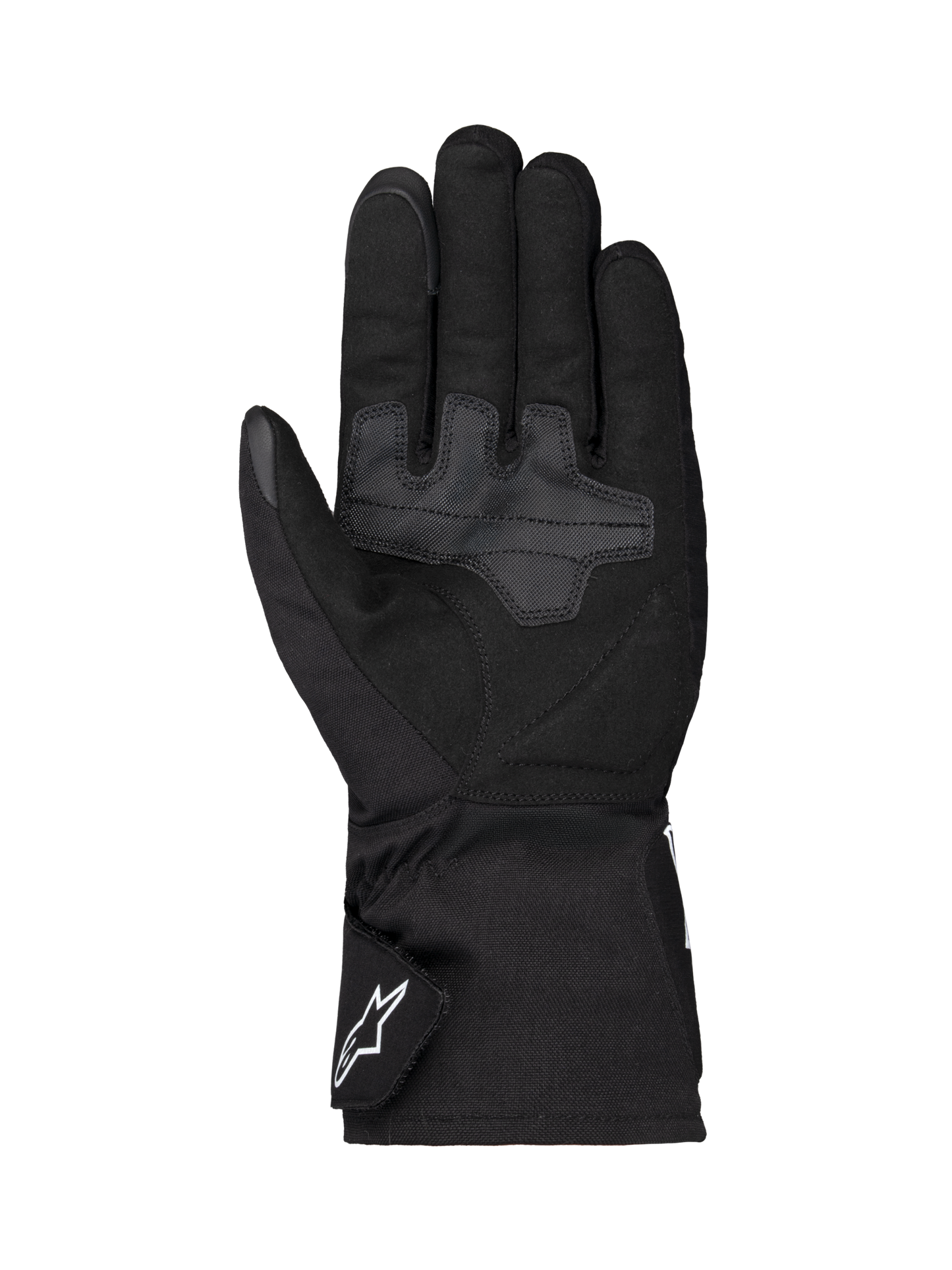 Alpinestars Wt-1 Drystar® Insulated Gloves, Motorcycle Gloves, Black, palm view featuring reinforced textile grip areas, long cuff with white Alpinestars logo on the strap, weather-resistant construction for road riding