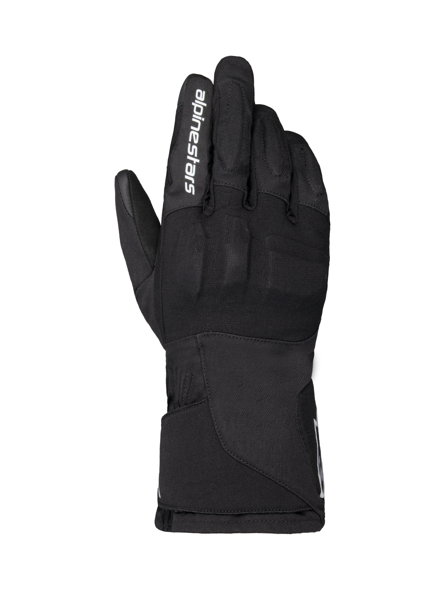 Alpinestars WT-1 Drystar Insulated Gloves, Motorcycle Gloves, Black, textile construction with integrated knuckle protection, white Alpinestars branding on the index finger, long gauntlet cuff, waterproof and thermal riding gear for road and adventure use