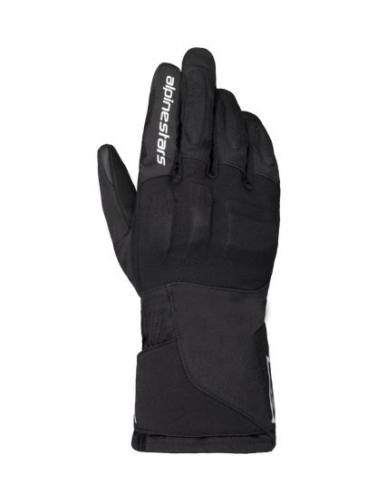 Alpinestars WT-1 Drystar Insulated Gloves, Motorcycle Gloves, Black, textile construction with integrated knuckle protection, white Alpinestars branding on the index finger, long gauntlet cuff, waterproof and thermal riding gear for road and adventure use