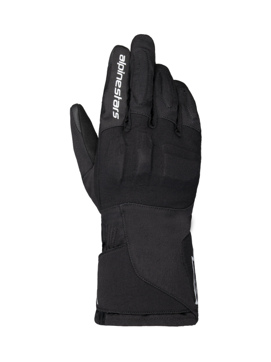 Alpinestars WT-1 Drystar Insulated Gloves, Motorcycle Gloves, Black, textile construction with integrated knuckle protection, white Alpinestars branding on the index finger, long gauntlet cuff, waterproof and thermal riding gear for road and adventure use