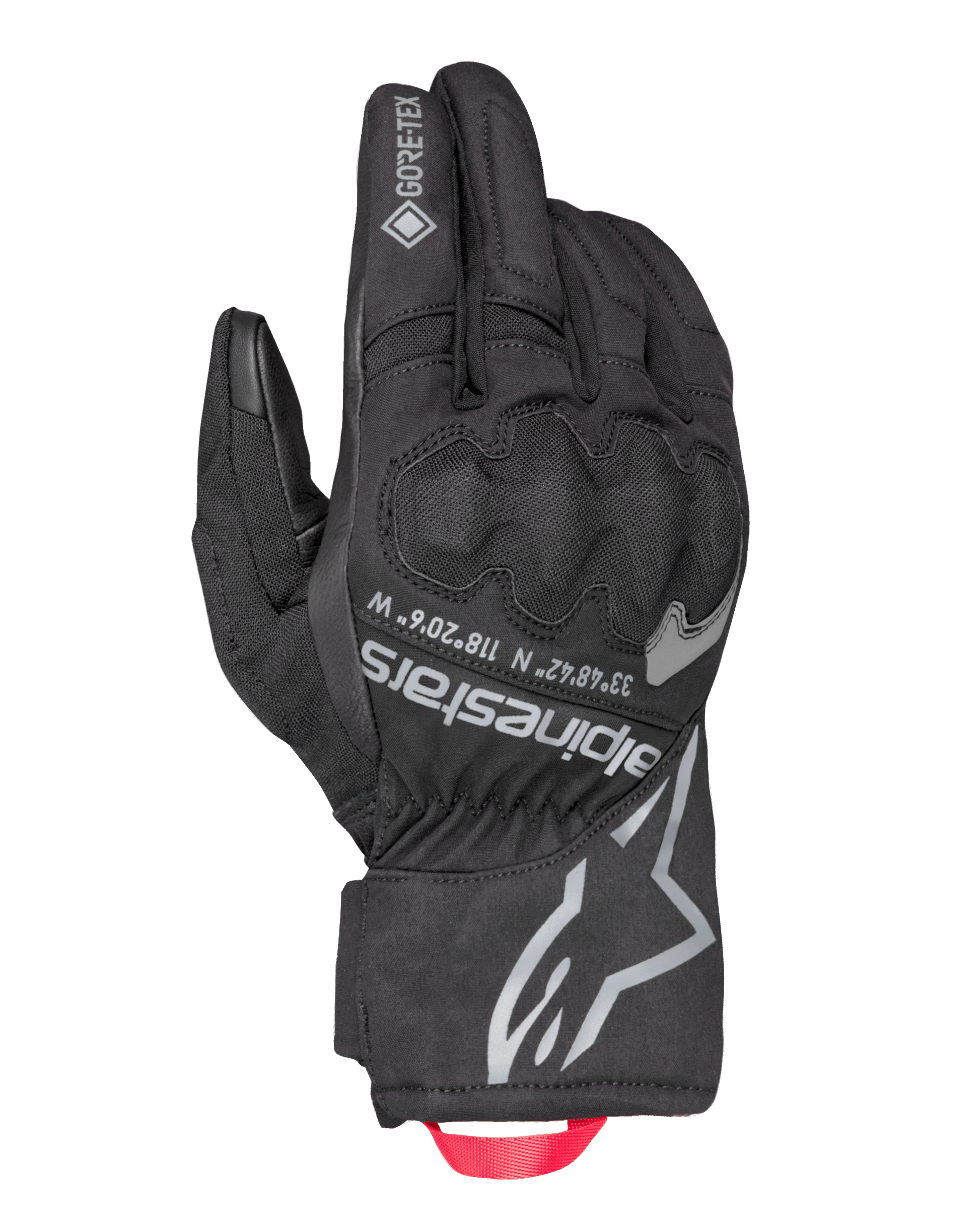 Alpinestars Crestone GORE-TEX Insulated Gloves, Black Motorcycle Touring Gloves, Waterproof and Breathable textile backhand, integrated knuckle protection, silver Alpinestars logo and coordinates, red webbing pull loop