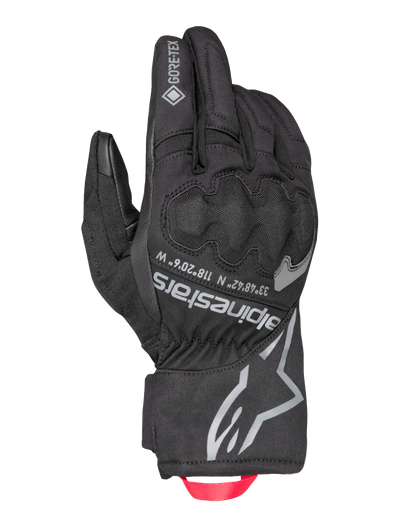 Alpinestars Crestone GORE-TEX Insulated Gloves, Black Motorcycle Touring Gloves, Waterproof and Breathable textile backhand, integrated knuckle protection, silver Alpinestars logo and coordinates, red webbing pull loop
