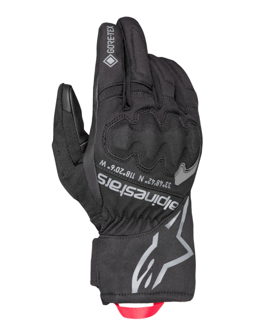 Alpinestars Crestone GORE-TEX Insulated Gloves, Black Motorcycle Touring Gloves, Waterproof and Breathable textile backhand, integrated knuckle protection, silver Alpinestars logo and coordinates, red webbing pull loop