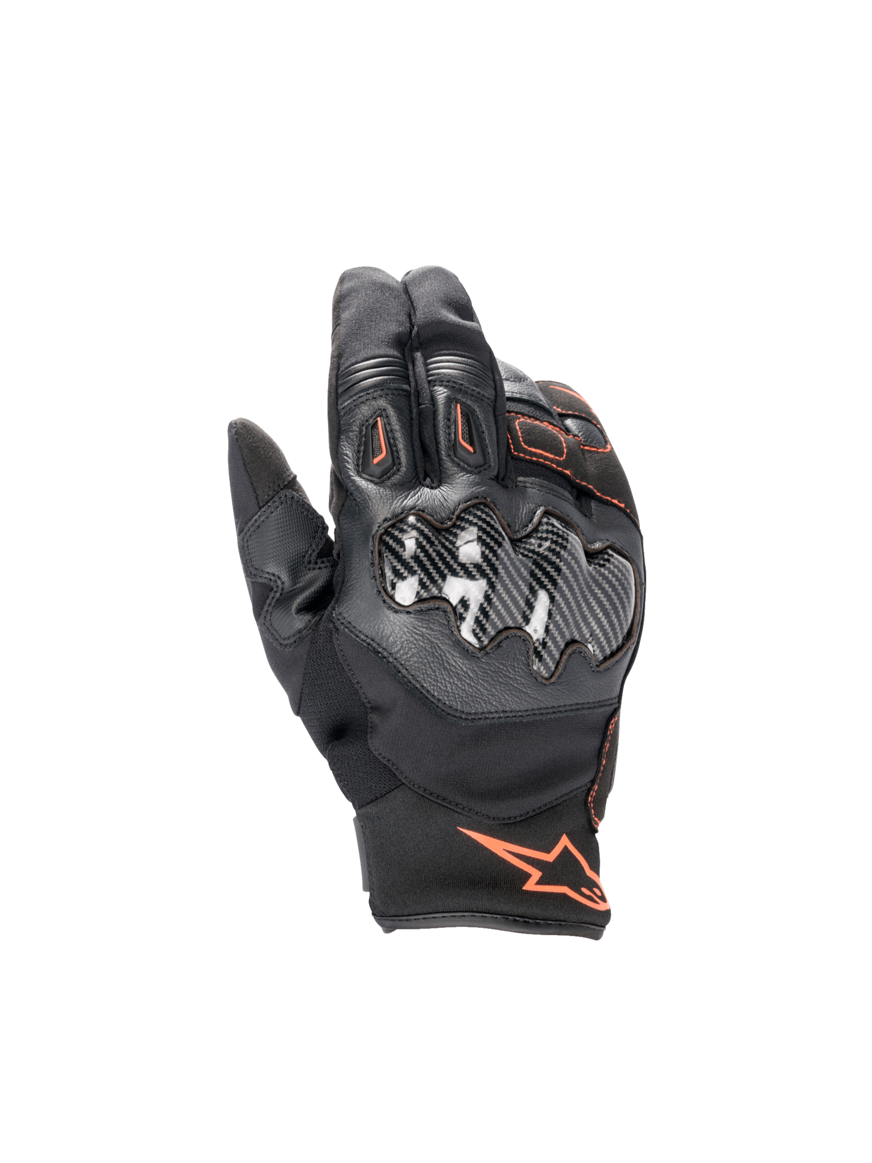 Alpinestars Smx-1 Drystar® Gloves, waterproof motorcycle road gloves, black and red fluo, featuring carbon knuckle guards.