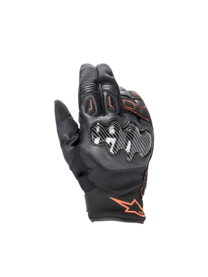 Alpinestars Smx-1 Drystar® Gloves, waterproof motorcycle road gloves, black and red fluo, featuring carbon knuckle guards.