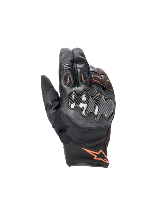 Alpinestars Smx-1 Drystar® Gloves, waterproof motorcycle road gloves, black and red fluo, featuring carbon knuckle guards.