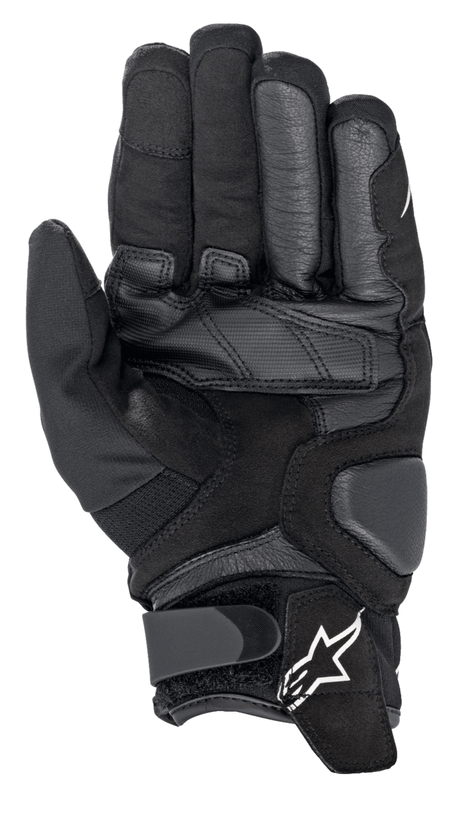 Alpinestars Smx-1 Drystar® Gloves, Waterproof Motorcycle Gloves, Black, palm view showing reinforced leather and synthetic suede construction, padded landing zones for durability, and a wrist closure with the white Alpinestars logo.