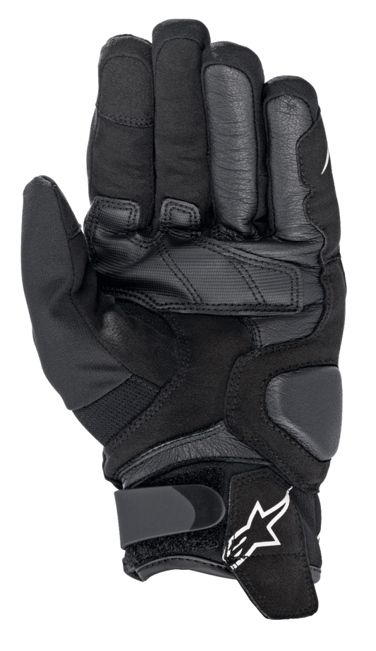 Alpinestars Smx-1 Drystar® Gloves, Waterproof Motorcycle Gloves, Black, palm view showing reinforced leather and synthetic suede construction, padded landing zones for durability, and a wrist closure with the white Alpinestars logo.