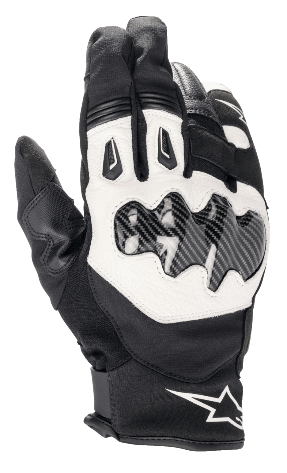 Alpinestars SMX-1 Drystar® Gloves, Short Cuff Motorcycle Riding Gloves, Black and White, featuring carbon fiber effect knuckle protection, white leather backhand panel, waterproof and breathable Drystar® construction, Alpinestars logo on the wrist