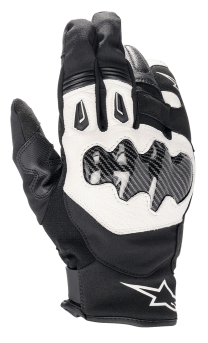 Alpinestars SMX-1 Drystar® Gloves, Short Cuff Motorcycle Riding Gloves, Black and White, featuring carbon fiber effect knuckle protection, white leather backhand panel, waterproof and breathable Drystar® construction, Alpinestars logo on the wrist