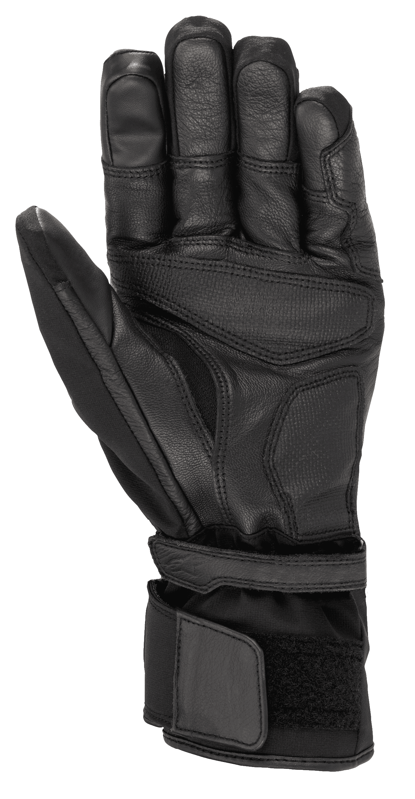 Alpinestars Range 2 In One GORE-TEX Glove With Goregrip Tech, Motorcycle Glove, Black, Palm View showing goat leather construction, reinforced grip areas, and long cuff with velcro adjustment for secure fit.