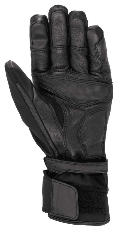 Alpinestars Range 2 In One GORE-TEX Glove With Goregrip Tech, Motorcycle Glove, Black, Palm View showing goat leather construction, reinforced grip areas, and long cuff with velcro adjustment for secure fit.