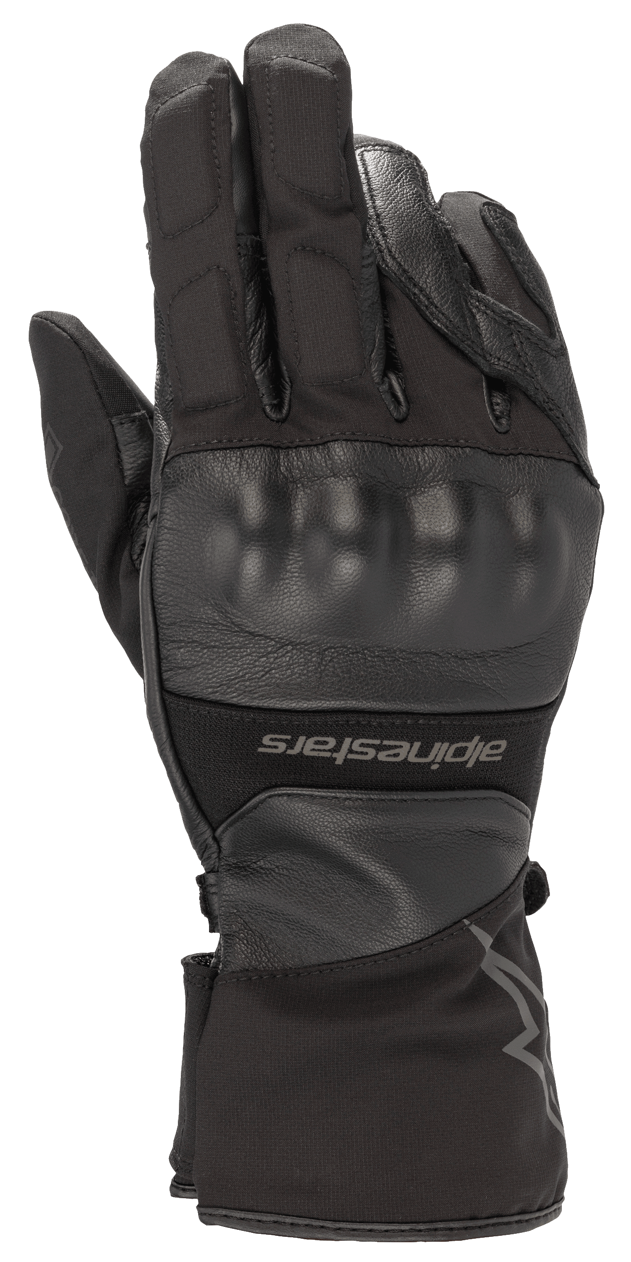 Alpinestars Range 2 In One GORE-TEX Glove With Goregrip Tech, Black motorcycle glove, back of hand view featuring a molded knuckle protector, leather and fabric construction, long cuff with Alpinestars branding, waterproof adventure touring gear