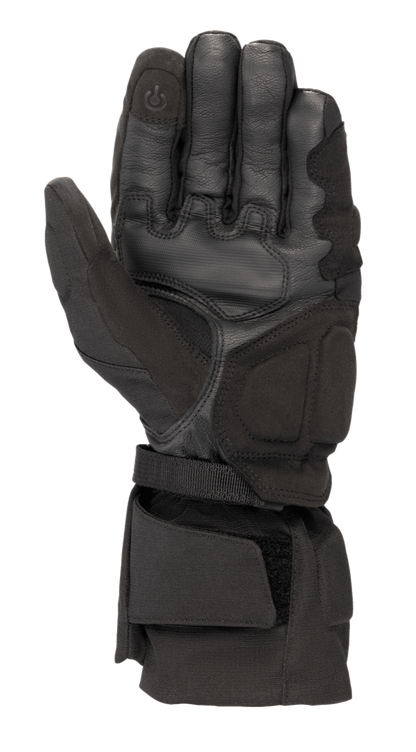 Alpinestars WR-X GORE-TEX Gloves, Black motorcycle winter gloves, palm side view showing leather and synthetic suede construction, long cuff with adjustable strap, and conductive touchscreen-compatible fingertip.