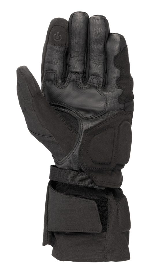 Alpinestars WR-X GORE-TEX Gloves, Black motorcycle winter gloves, palm side view showing leather and synthetic suede construction, long cuff with adjustable strap, and conductive touchscreen-compatible fingertip.