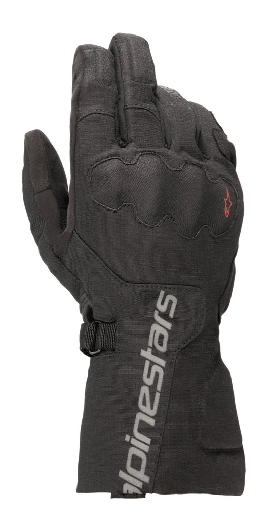 Alpinestars WR-X GORE-TEX Gloves, Motorcycle Touring Gloves, Black, featuring a long cuff with grey Alpinestars branding, covered SP Lite knuckle protection, and a durable ripstop textile construction.