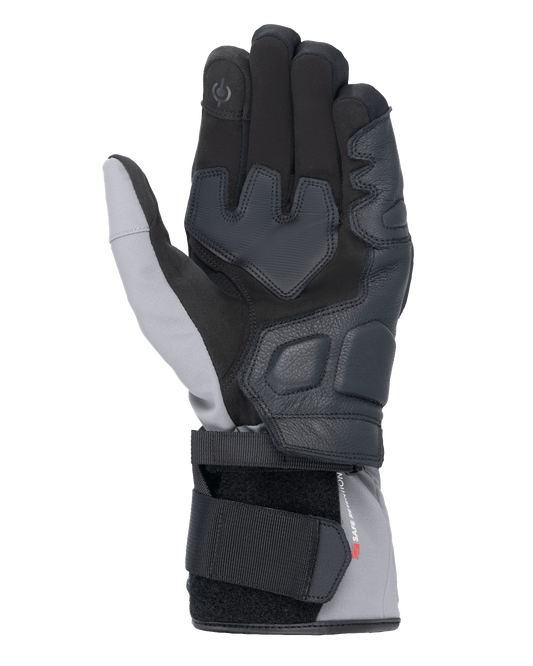 Alpinestars Tourer W-7 V2 Drystar® Gloves, palm view, Black and Dark Gray, winter motorcycle gloves featuring leather palm reinforcements, touchscreen compatible index finger, and dual-strap closure system for a secure fit