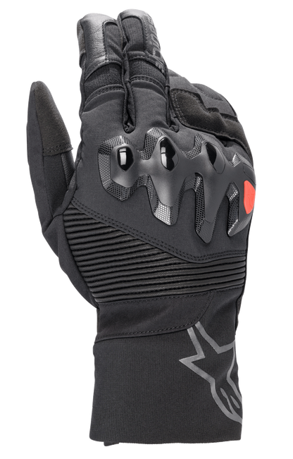 Alpinestars Bogota Drystar XF Gloves, full-length motorcycle touring gloves, black with a red logo accent, featuring over-injected knuckle protection, ribbed stretch wrist panels, and a long cuff with a grey star logo.