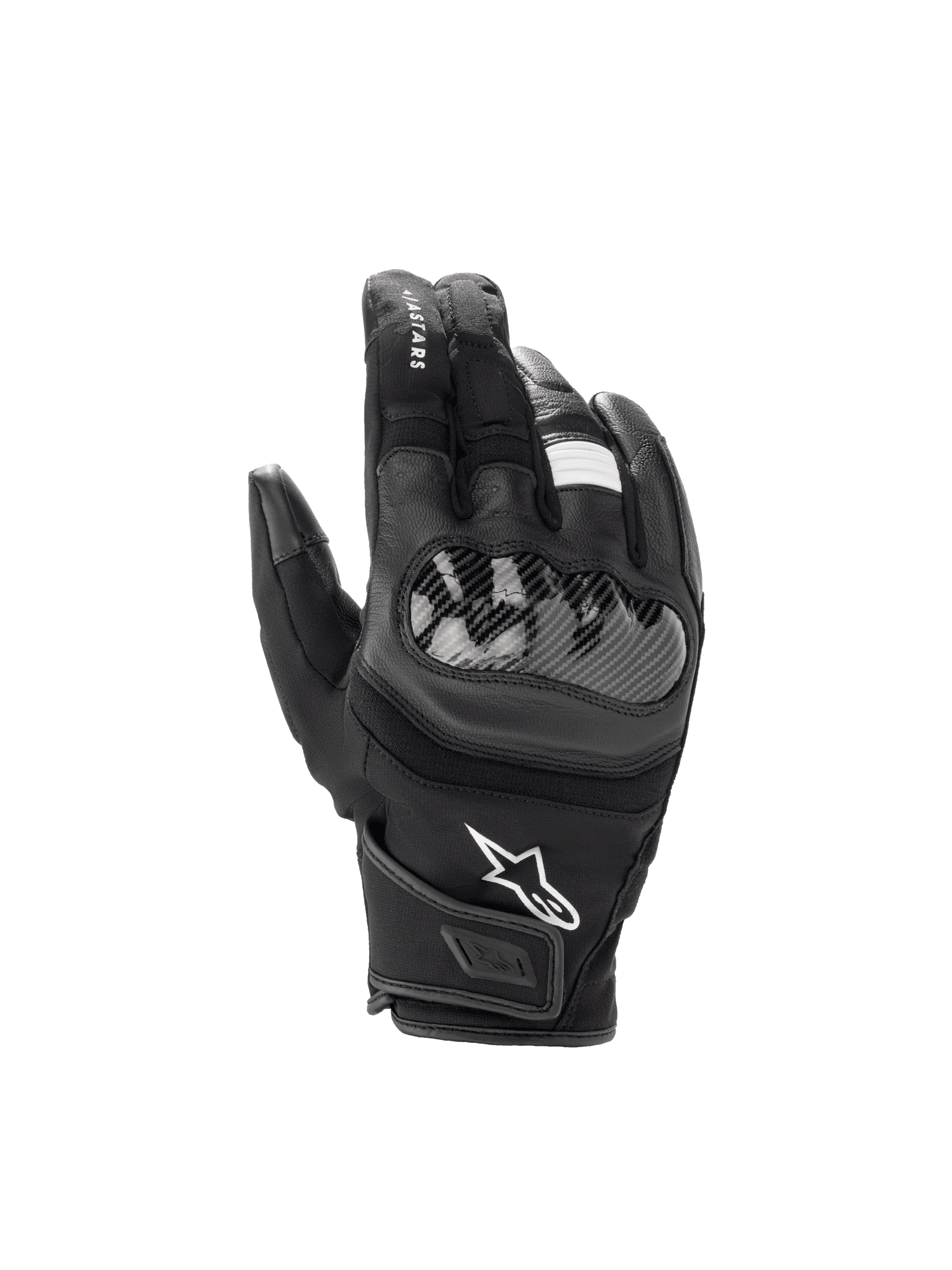 Alpinestars SMX Z Drystar Gloves, waterproof black leather motorcycle gloves with a hard knuckle protector and short cuff.