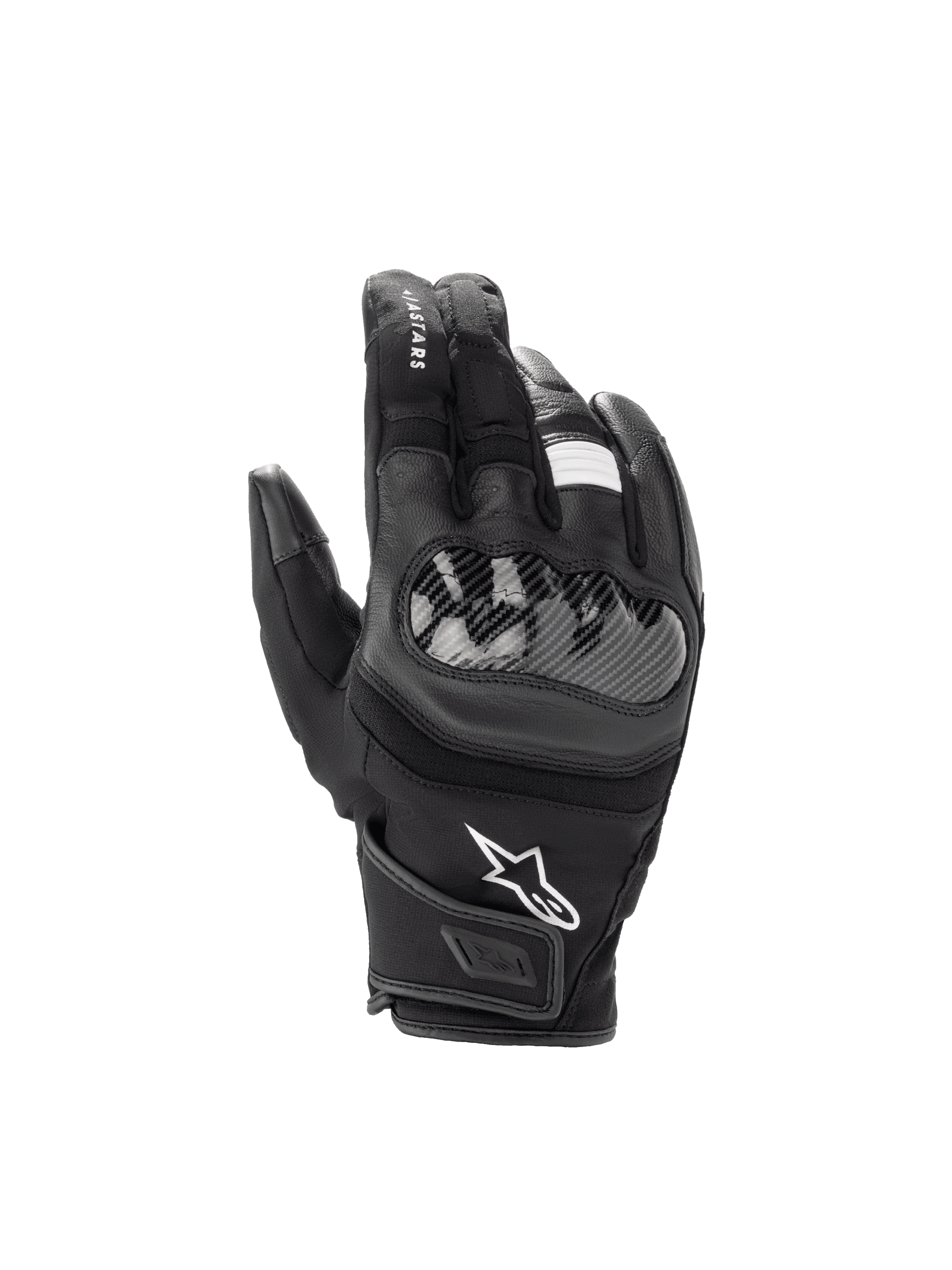 Alpinestars SMX Z Drystar Gloves, waterproof black leather motorcycle gloves with a hard knuckle protector and short cuff.