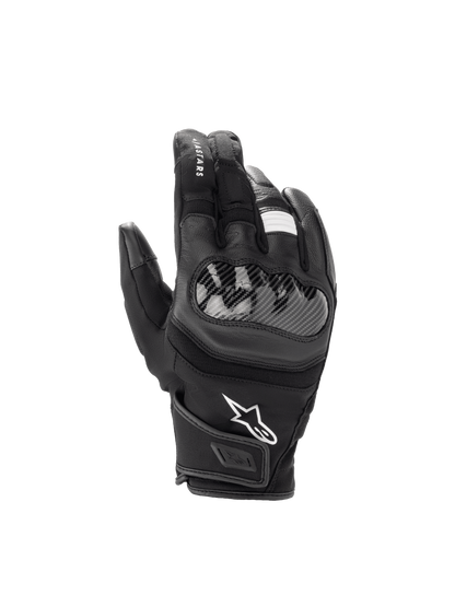 Alpinestars SMX Z Drystar Gloves, waterproof black leather motorcycle gloves with a hard knuckle protector and short cuff.