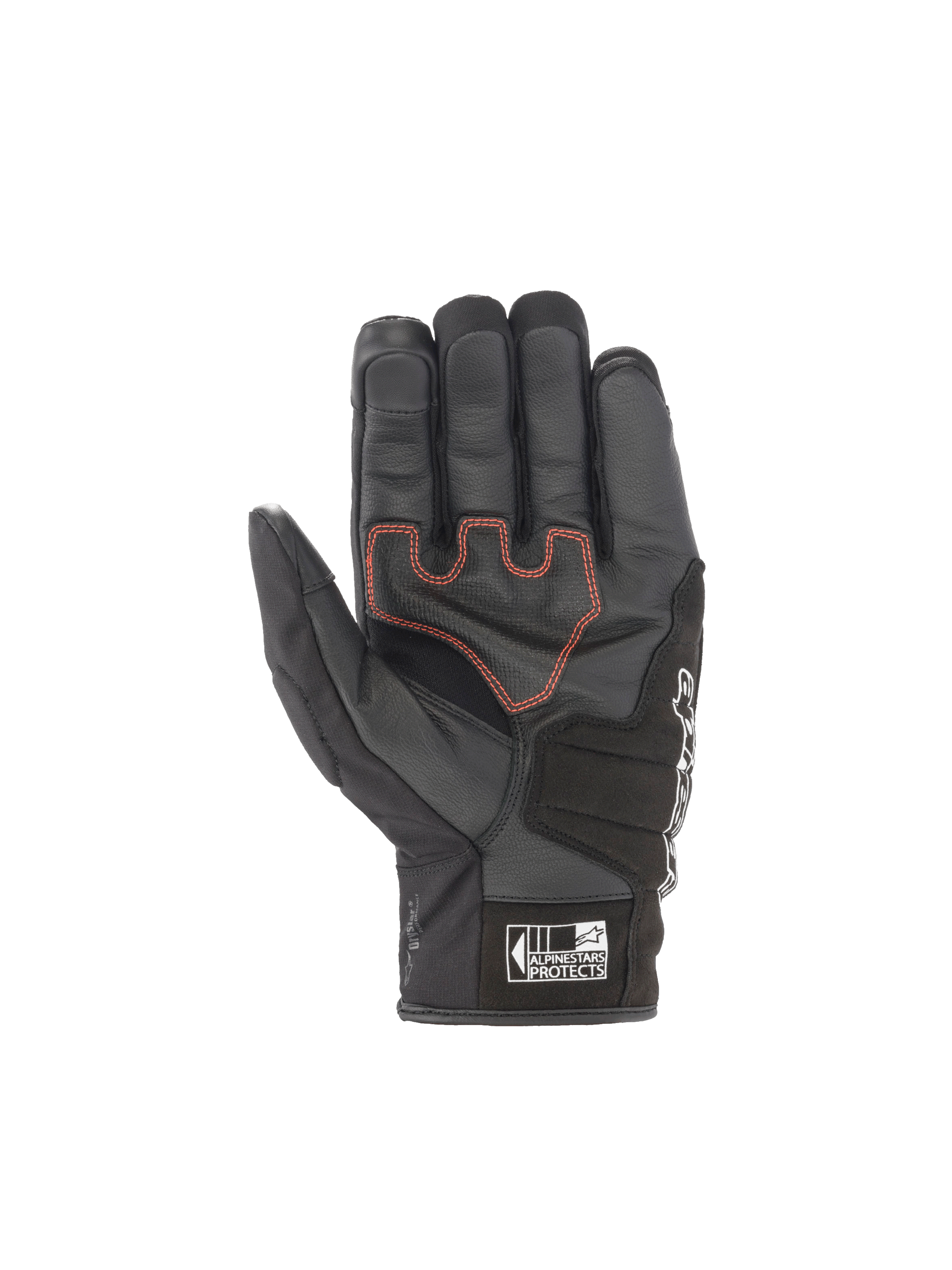 Alpinestars SMX Z Drystar Gloves, waterproof black motorcycle sport gloves with red palm stitching and goat leather.