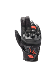 Alpinestars SMX Z Drystar® Gloves, waterproof goat leather motorcycle gloves in Black and Red Fluo with hard knuckle guards.