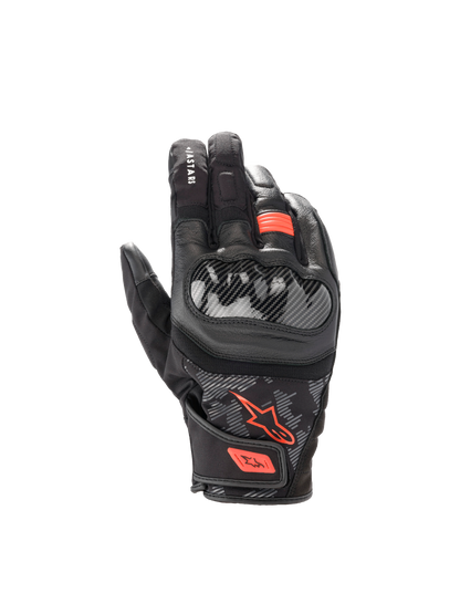 Alpinestars SMX Z Drystar® Gloves, waterproof goat leather motorcycle gloves in Black and Red Fluo with hard knuckle guards.