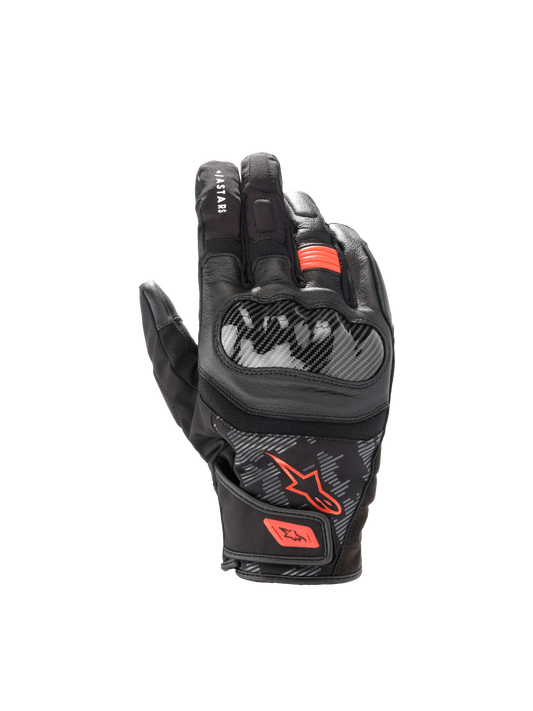 Alpinestars SMX Z Drystar® Gloves, waterproof goat leather motorcycle gloves in Black and Red Fluo with hard knuckle guards.